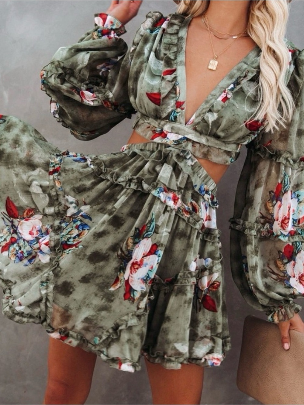 Vici Olive Floral Cutout Mini Dress - Picture 4 of 6